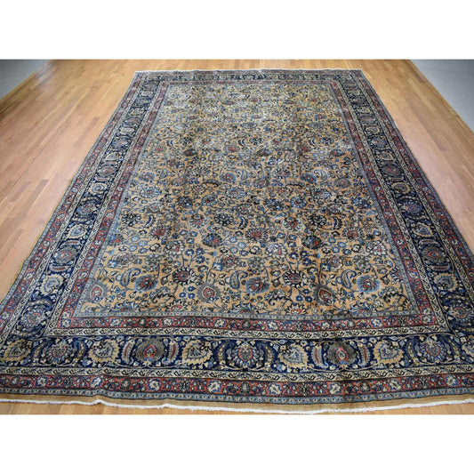 Antique Wool Hand Knotted Rug Ivory Navy Blue 11.9X16.4 -O080113