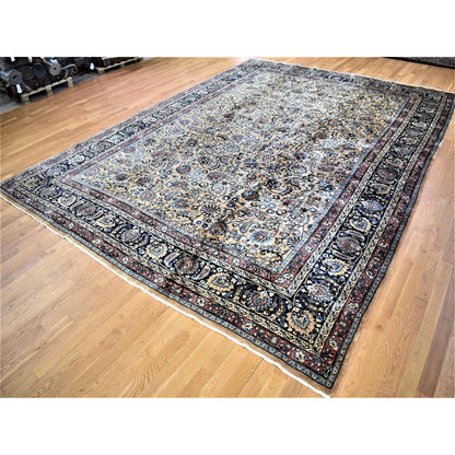 Antique Wool Hand Knotted Rug Ivory Navy Blue 11.9X16.4 -O080113