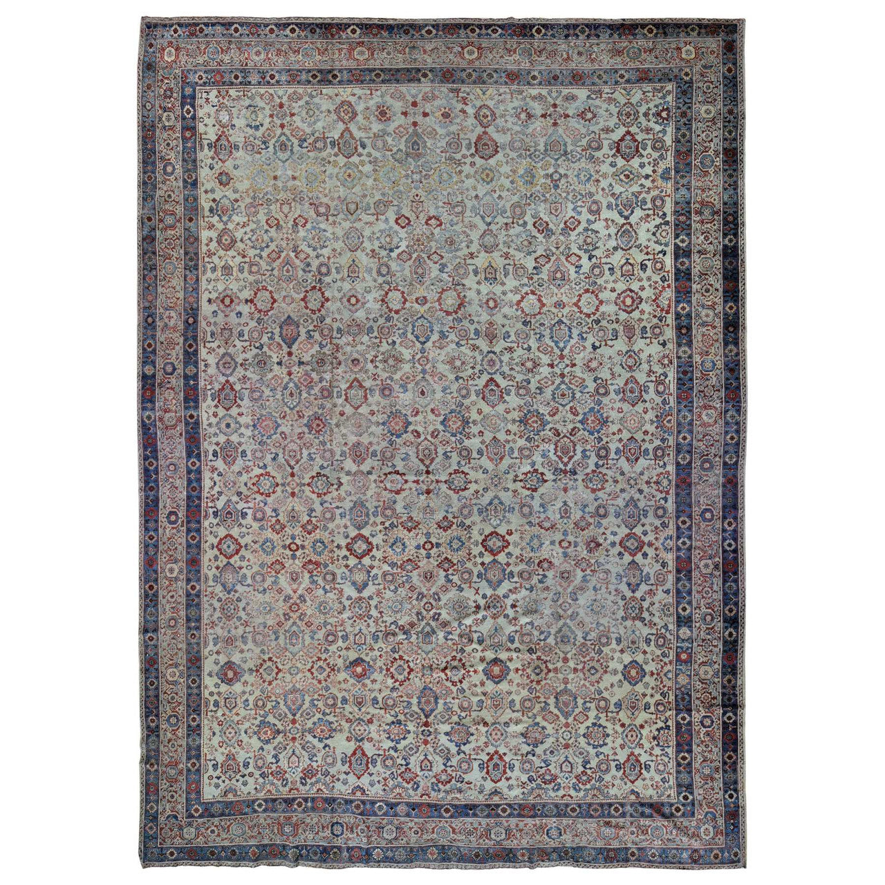 Antique Wool Hand Knotted Rug Beige Navy Blue 13.10X19.5 -O080116
