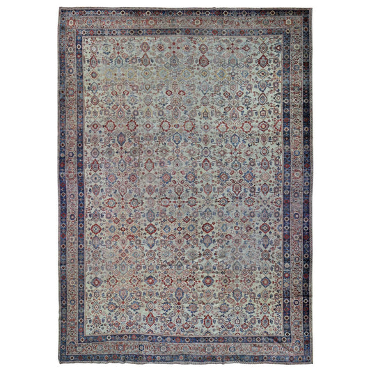 Antique Wool Hand Knotted Rug Beige Navy Blue 13.10X19.5 -O080116