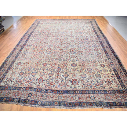 Antique Wool Hand Knotted Rug Beige Navy Blue 13.10X19.5 -O080116