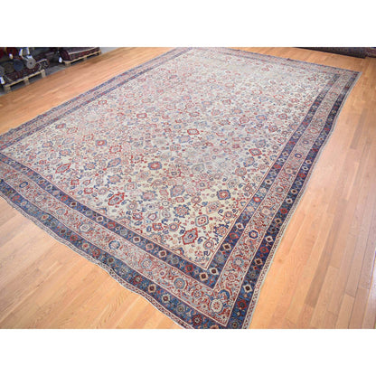 Antique Wool Hand Knotted Rug Beige Navy Blue 13.10X19.5 -O080116