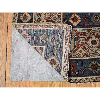 Antique Wool Hand Knotted Rug Beige Navy Blue 13.10X19.5 -O080116