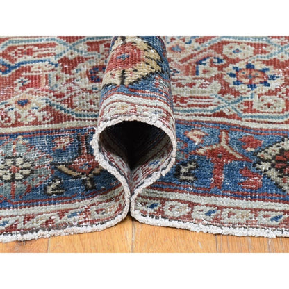 Antique Wool Hand Knotted Rug Beige Navy Blue 13.10X19.5 -O080116