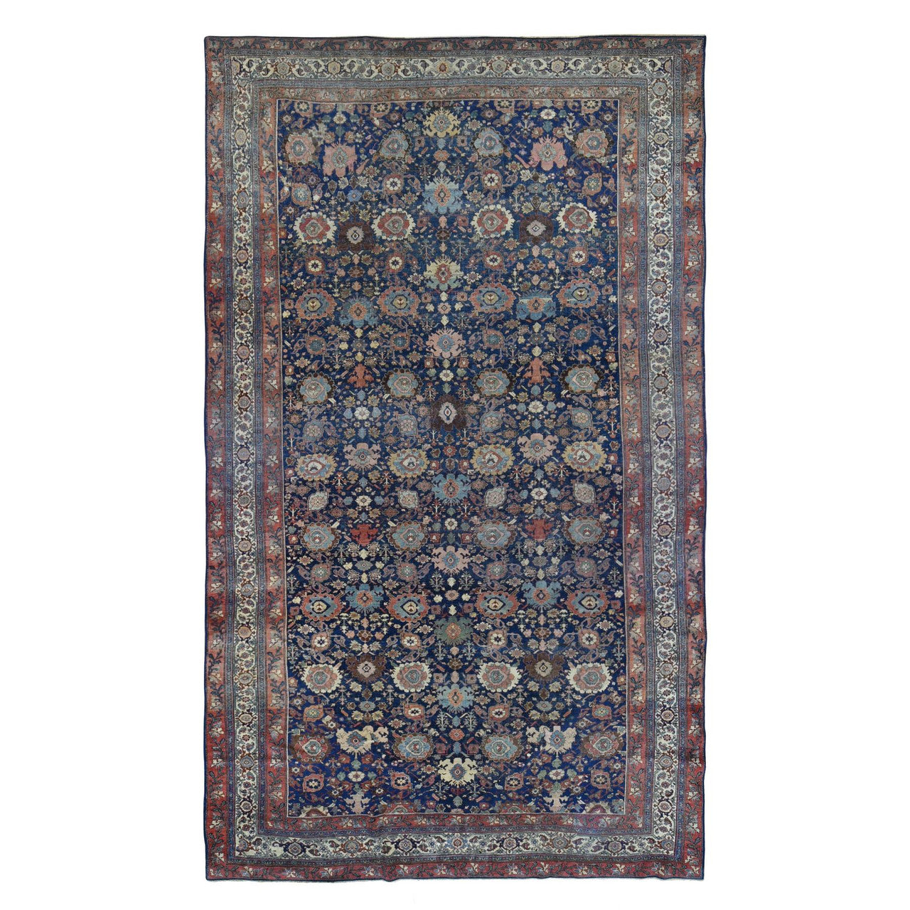 Antique Wool Hand Knotted Rug Blue Ivory 11.0X19.0 -O080117