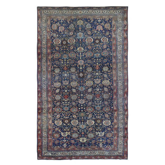 Antique Wool Hand Knotted Rug Blue Ivory 11.0X19.0 -O080117