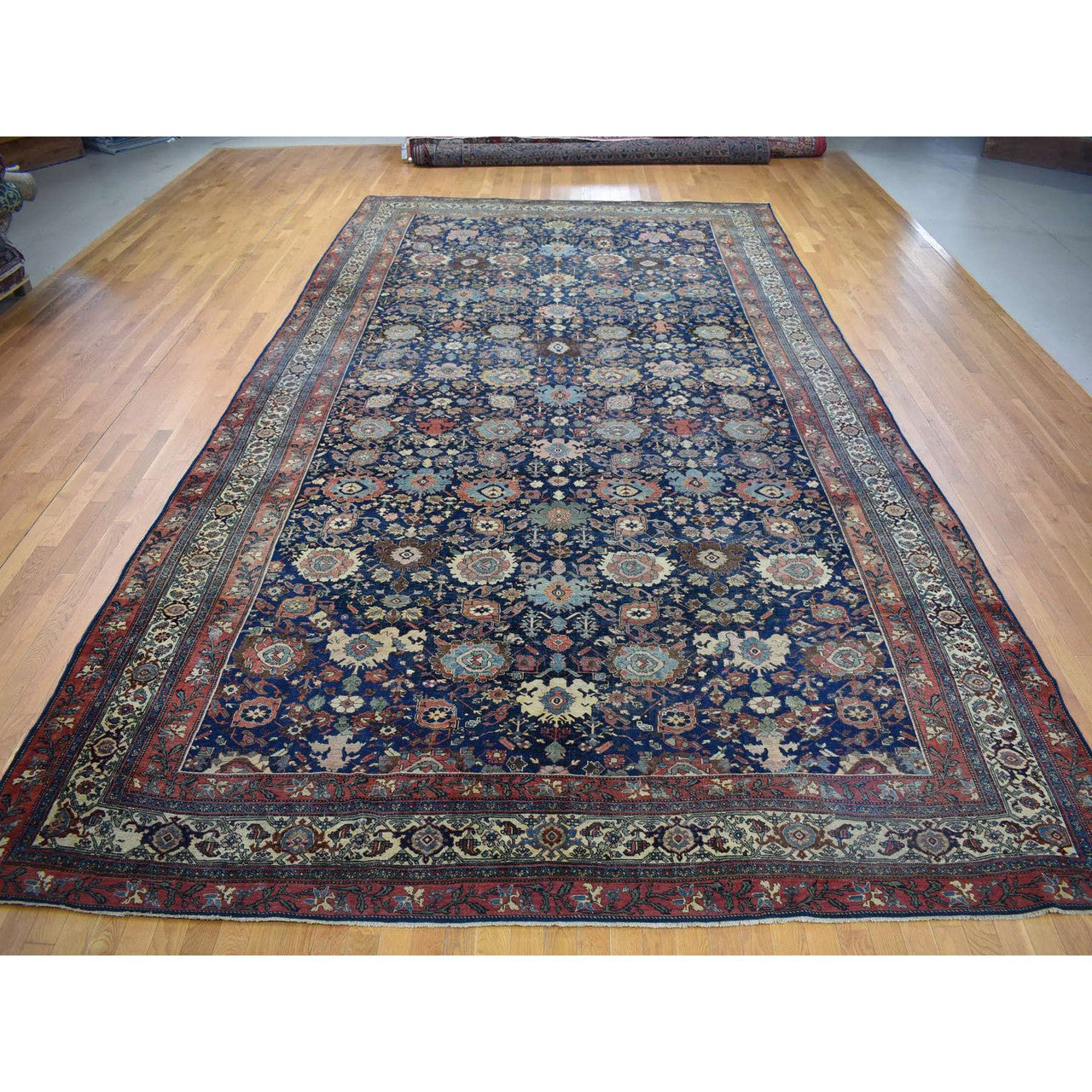Antique Wool Hand Knotted Rug Blue Ivory 11.0X19.0 -O080117