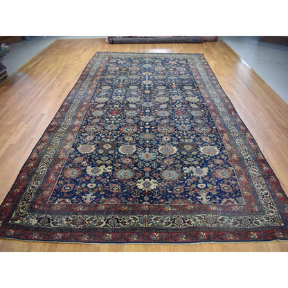 Antique Wool Hand Knotted Rug Blue Ivory 11.0X19.0 -O080117