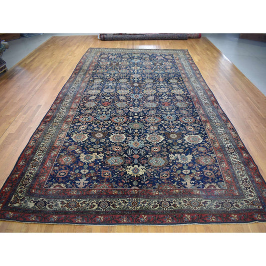 Antique Wool Hand Knotted Rug Blue Ivory 11.0X19.0 -O080117