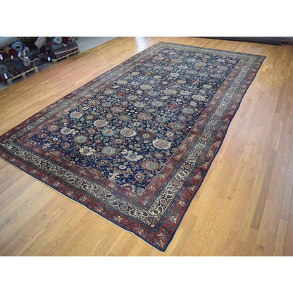 Antique Wool Hand Knotted Rug Blue Ivory 11.0X19.0 -O080117