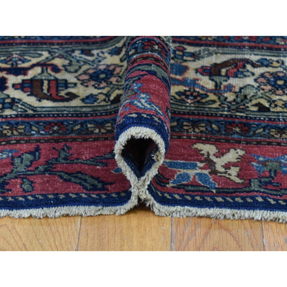 Antique Wool Hand Knotted Rug Blue Ivory 11.0X19.0 -O080117