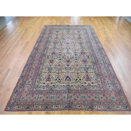 Antique Wool Hand Knotted Rug Beige Pink 7.7X12.7 -O080122