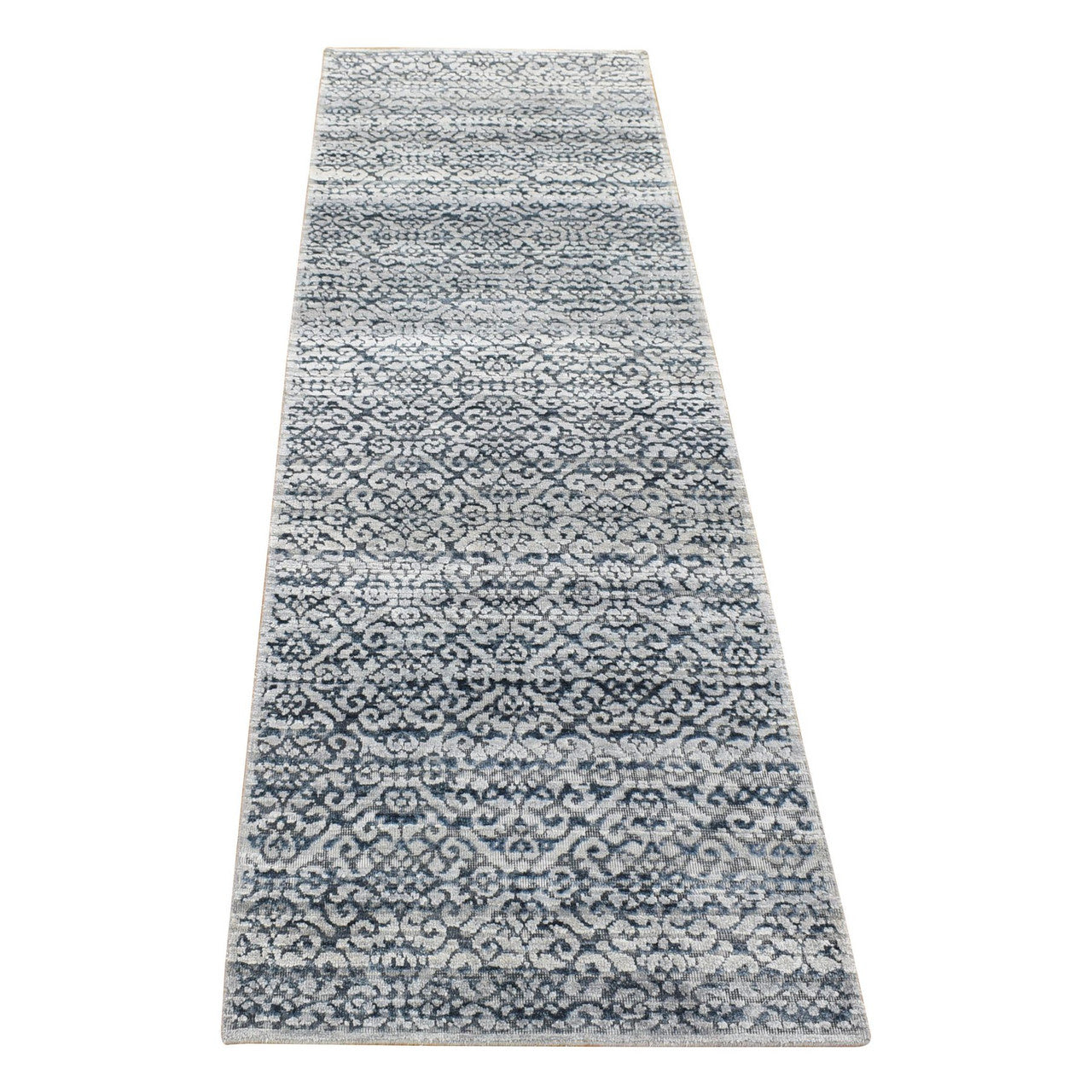 Blue 2'8" x 8'2" Modern and Contemporary Hand knotted Wool/Silk Rug - Sku: O080150