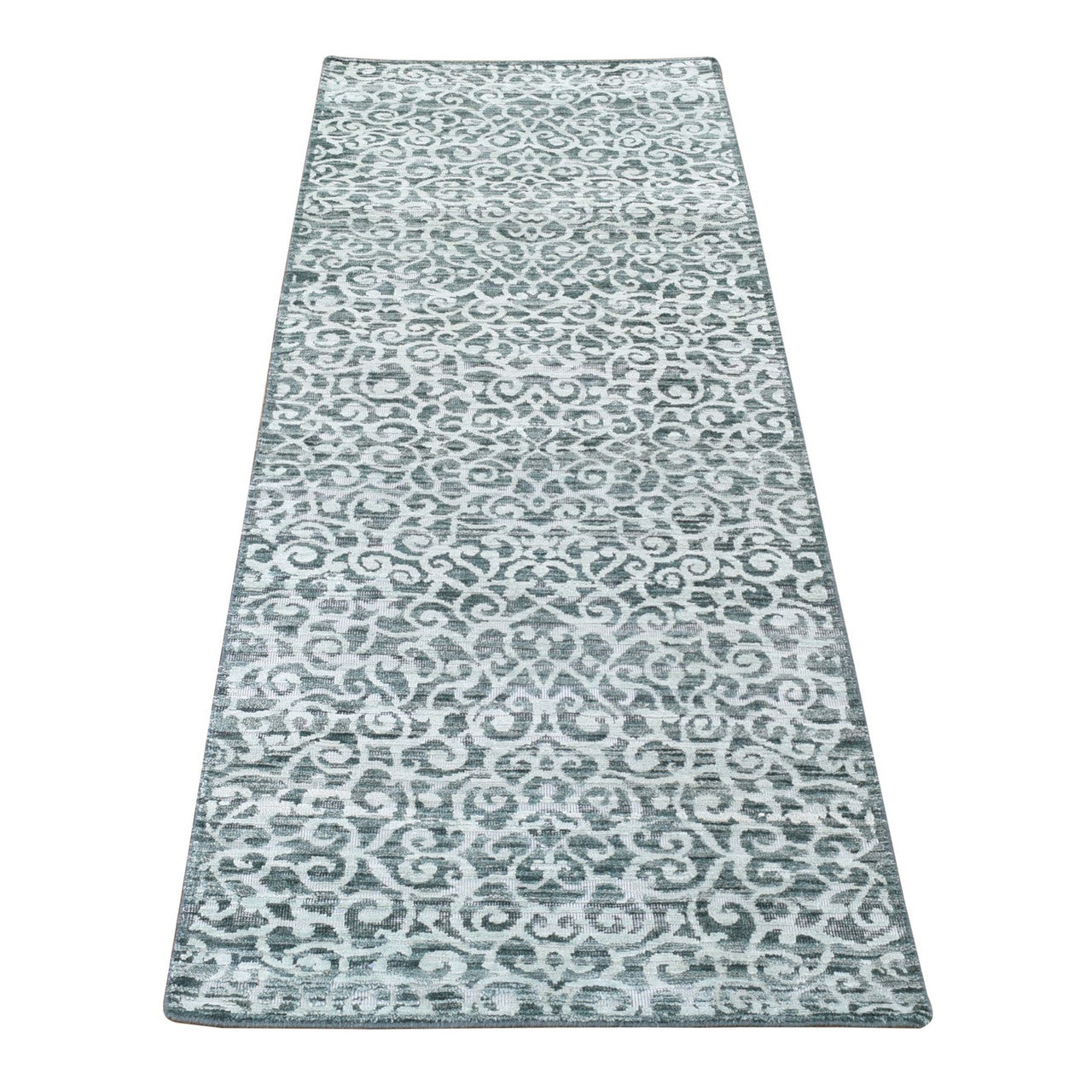 Modern and Contemporary Wool & Silk Hand Knotted Rug Green No Border 2.9X8.0 -O080151