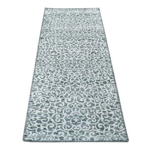 Modern and Contemporary Wool & Silk Hand Knotted Rug Green No Border 2.9X8.0 -O080151