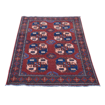 Tribal & Geometric Wool Hand Knotted Rug Red Rust Red 3.10X5.10 -O080165