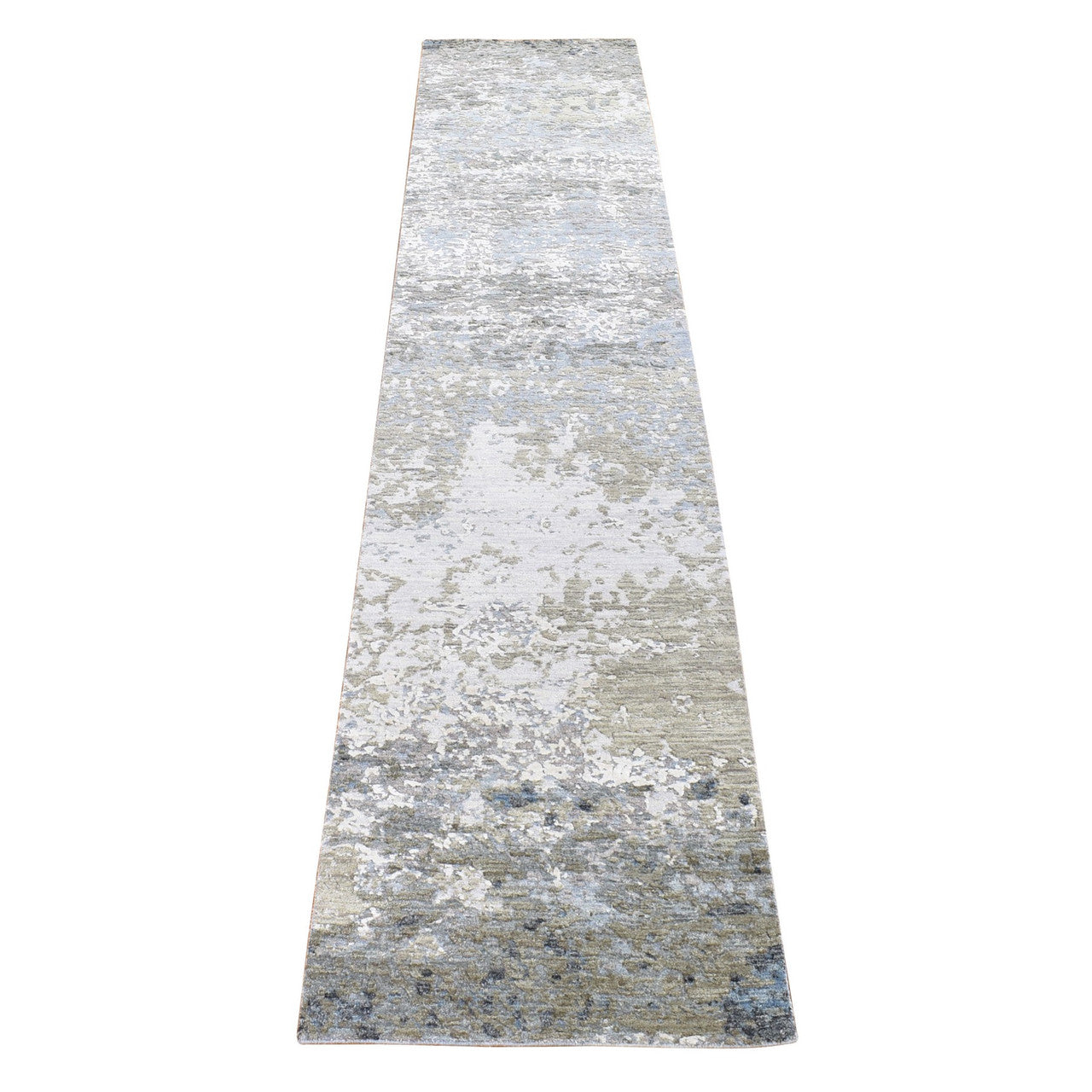 Gray 2'6" x 12'1" Modern and Contemporary Hand knotted Wool Rug - Sku: O080190