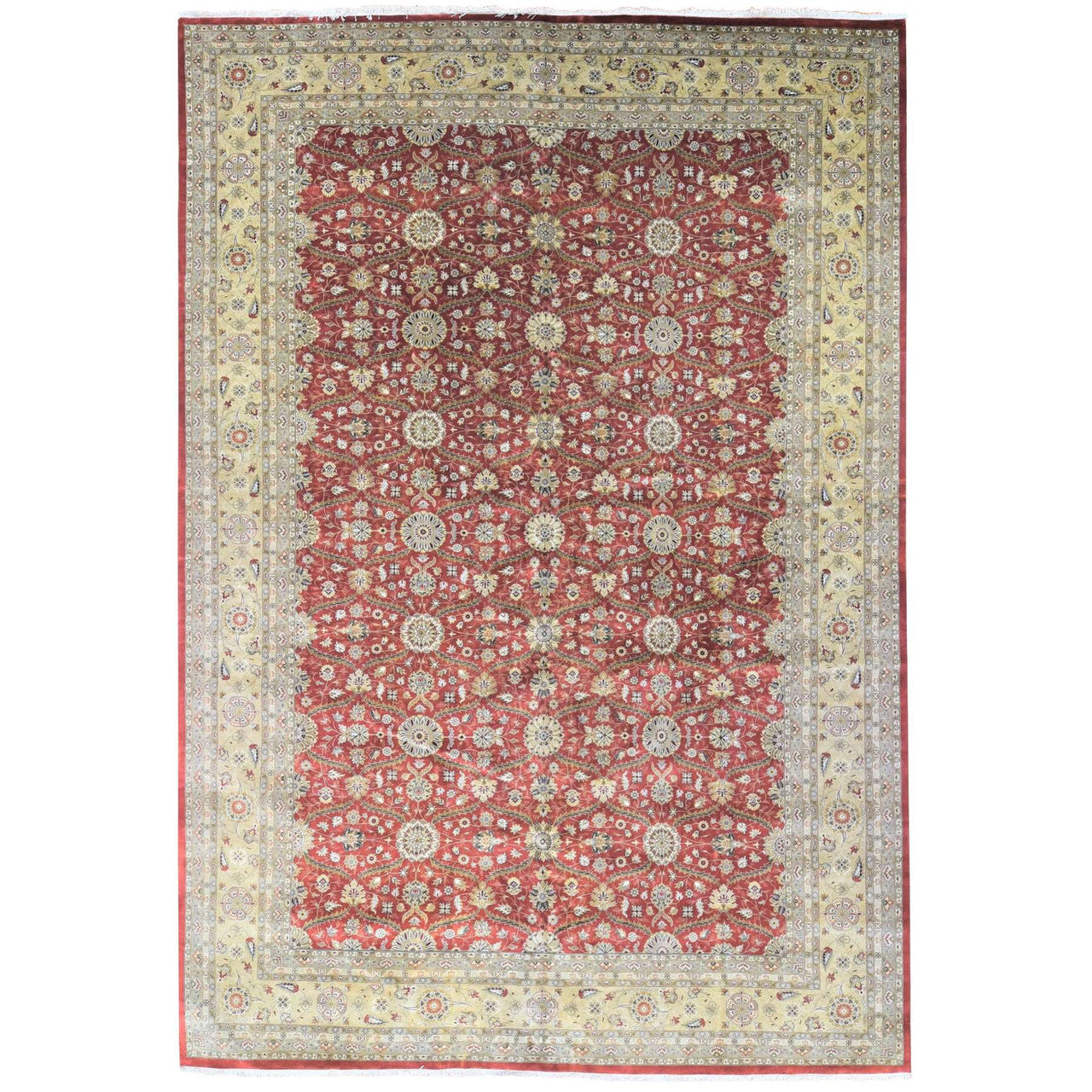 Fine Oriental Wool & Silk Hand Knotted Rug Red Light Green 12.3X17.9 -O080220
