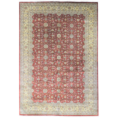 Fine Oriental Wool & Silk Hand Knotted Rug Red Light Green 12.3X17.9 -O080220