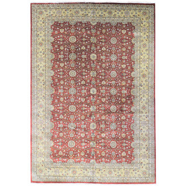 Fine Oriental Wool & Silk Hand Knotted Rug Red Light Green 12.3X17.9 -O080220