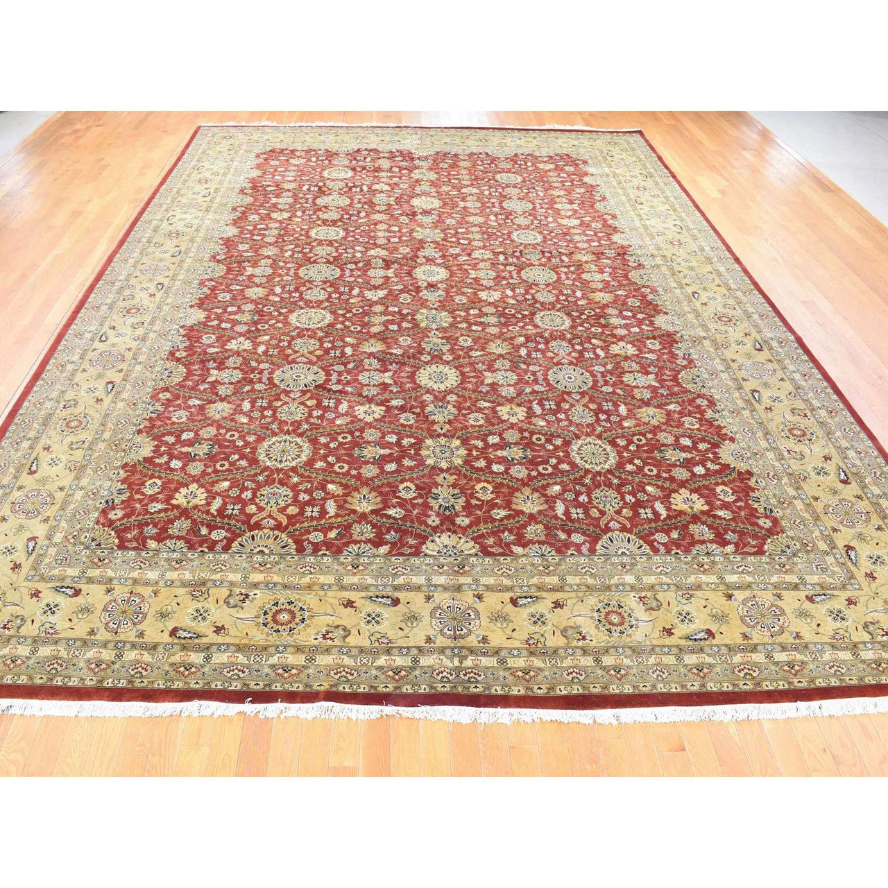 Fine Oriental Wool & Silk Hand Knotted Rug Red Light Green 12.3X17.9 -O080220
