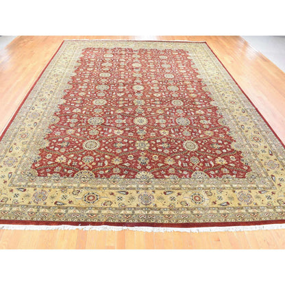 Fine Oriental Wool & Silk Hand Knotted Rug Red Light Green 12.3X17.9 -O080220
