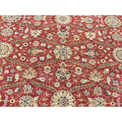 Fine Oriental Wool & Silk Hand Knotted Rug Red Light Green 12.3X17.9 -O080220