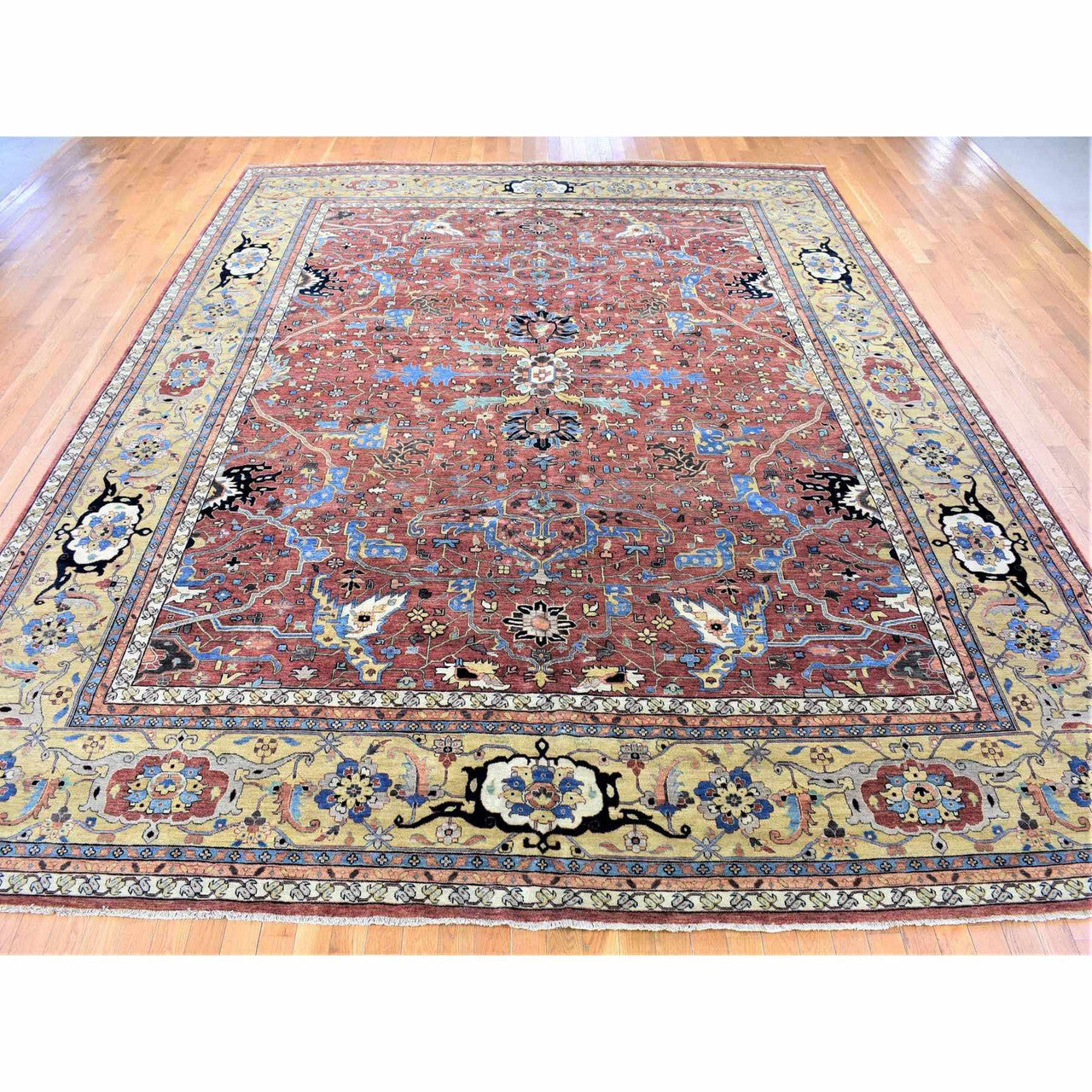 Red 12'0" x 14'10" Heriz Hand knotted Wool Rug - Sku: O080223