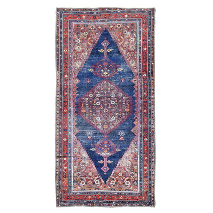 Tribal & Geometric Wool Hand Knotted Rug Blue Red 6.5X14.0 -O080229