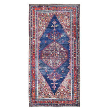 Tribal & Geometric Wool Hand Knotted Rug Blue Red 6.5X14.0 -O080229