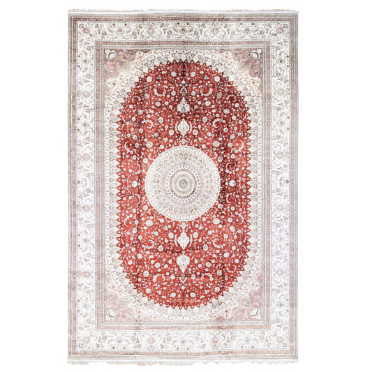 Silk Silk & Cotton Blend Hand Knotted Rug Red Ivory 12.0X18.4 -O080231