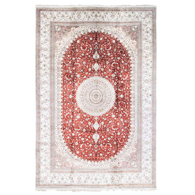 Silk Silk & Cotton Blend Hand Knotted Rug Red Ivory 12.0X18.4 -O080231