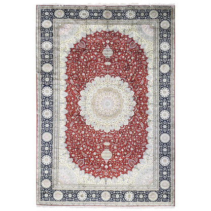 Silk Silk & Cotton Blend Hand Knotted Rug Red Navy Blue 12.1X18.1 -O080234