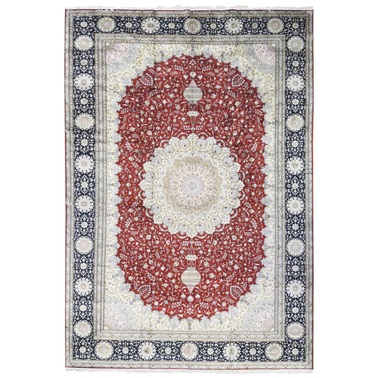 Silk Silk & Cotton Blend Hand Knotted Rug Red Navy Blue 12.1X18.1 -O080234