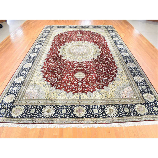 Silk Silk & Cotton Blend Hand Knotted Rug Red Navy Blue 12.1X18.1 -O080234