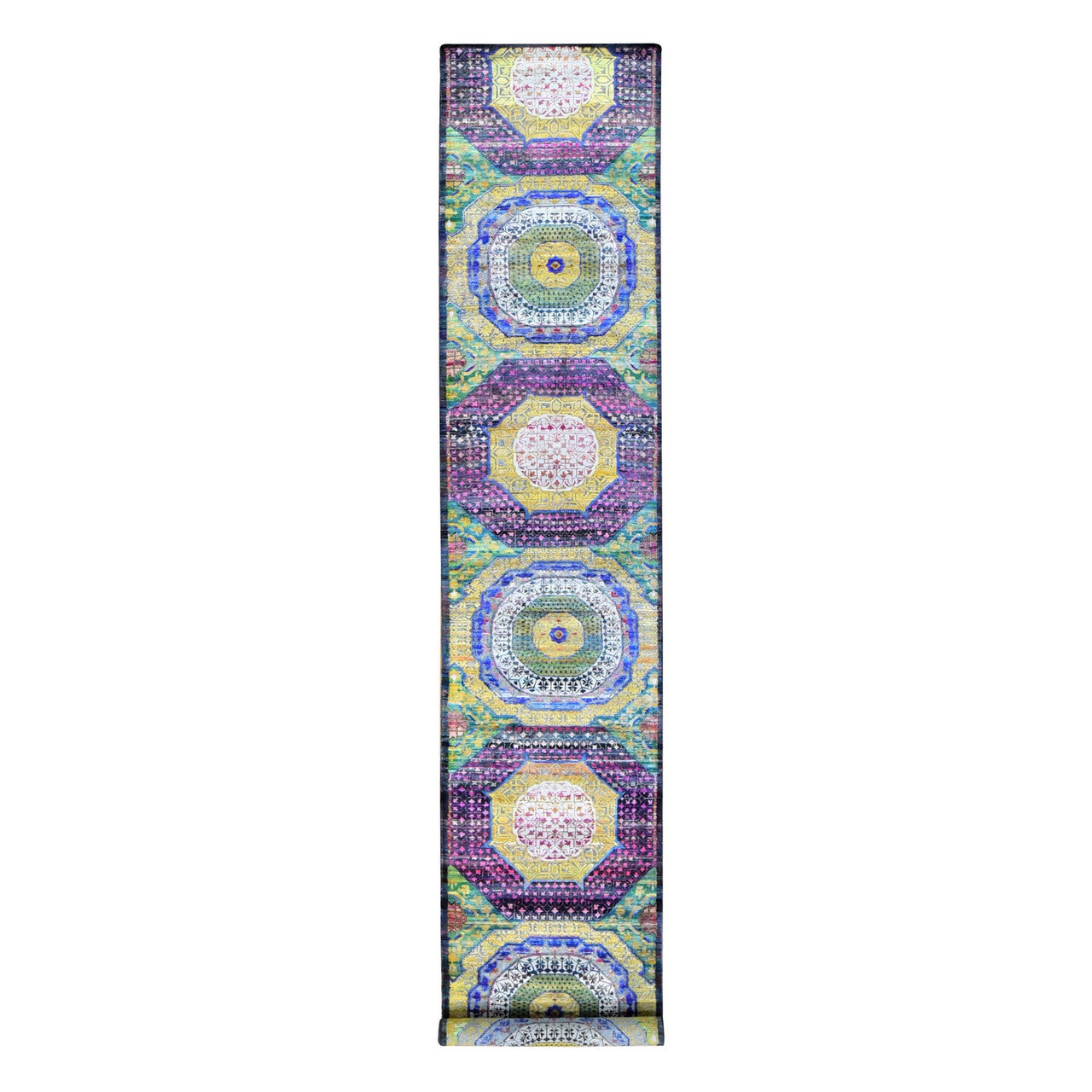 Mamluk Sari Silk Hand Knotted Rug Green No Border 3.1X17.4 -O080244