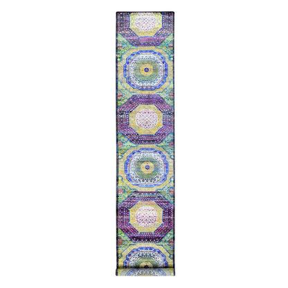 Mamluk Sari Silk Hand Knotted Rug Green No Border 3.1X17.4 -O080244