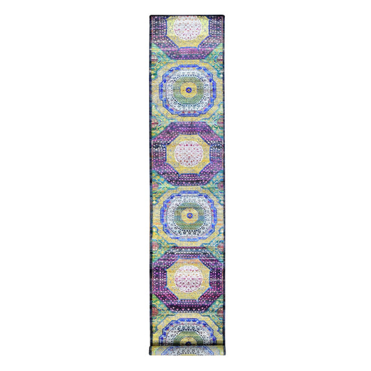 Mamluk Sari Silk Hand Knotted Rug Green No Border 3.1X17.4 -O080244