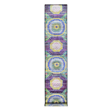 Mamluk Sari Silk Hand Knotted Rug Green No Border 3.1X17.4 -O080244