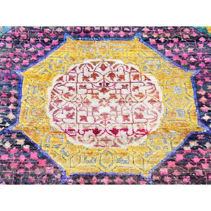 Mamluk Sari Silk Hand Knotted Rug Green No Border 3.1X17.4 -O080244