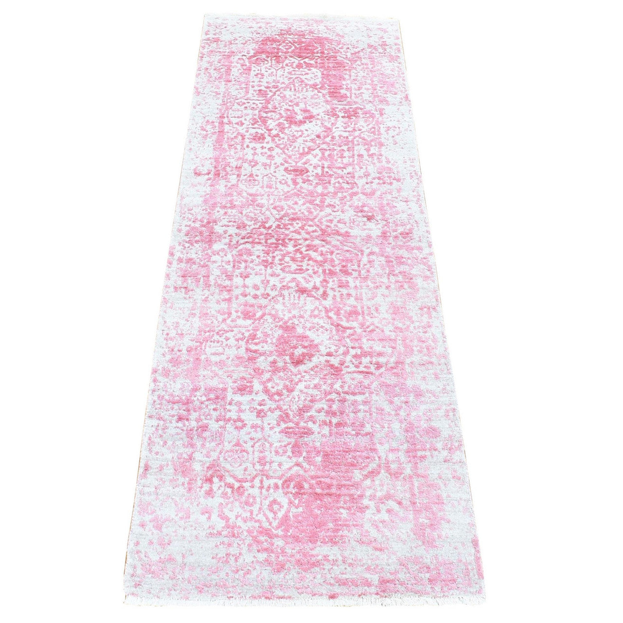 Pink 2'6" x 7'9" Transitional & Pure Hand knotted Wool/Silk Rug - Sku: O080252