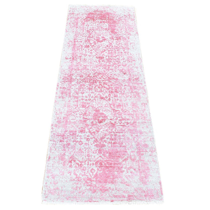 Transitional Wool & Pure Silk Hand Knotted Rug Pink No Border 2.6X7.9 -O080252