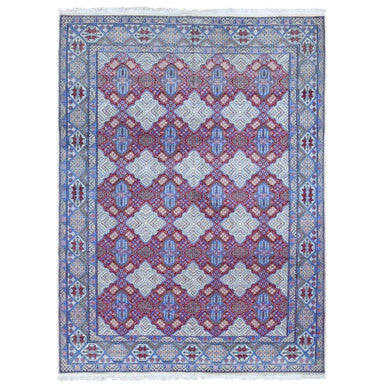 Fine Oriental Wool & Silk Hand Knotted Rug Red Light Blue 9.7X13.2 -O080260