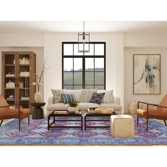 Fine Oriental Wool & Silk Hand Knotted Rug Red Light Blue 9.7X13.2 -O080260