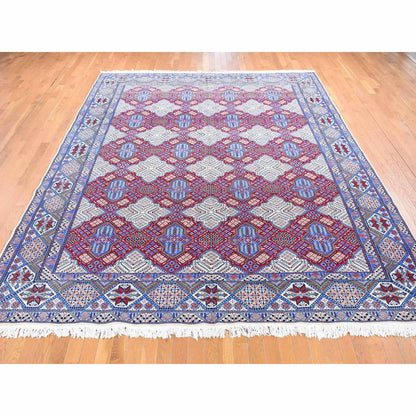 Fine Oriental Wool & Silk Hand Knotted Rug Red Light Blue 9.7X13.2 -O080260