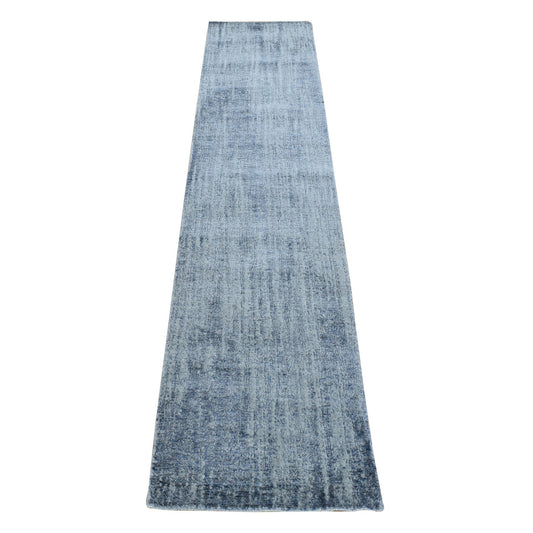 Modern and Contemporary Wool & Art Silk Hand Loomed Rug Blue No Border 2.5X10.8 -O080277