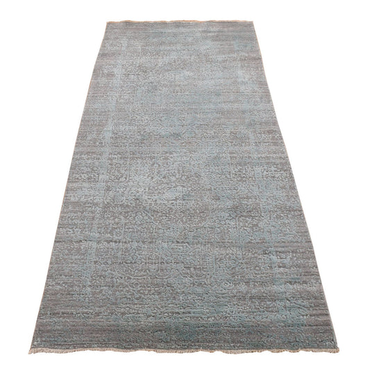 Transitional Wool & Silk Hand Knotted Rug Green No Border 4.0X9.9 -O080286