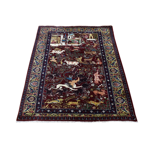 Antique Wool & Silk Hand Knotted Rug Red Gold 4.1X6.0 -O080292