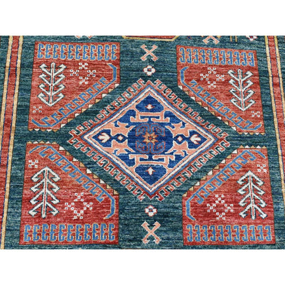 Kazak Wool Hand Knotted Rug Green Red 5.4X7.9 -O080319