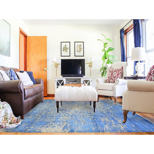 Modern and Contemporary Wool & Silk Hand Knotted Rug Blue No Border 8.1X9.10 -O080379